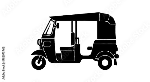 Vector illustration of black silhouette of a threewheeled auto rickshaw or tuktuk vehicle on a transparent background
