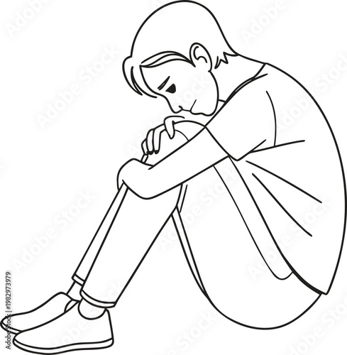 Sad child, sitting alone, dejected kid, emotional vector