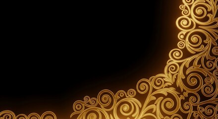 Elegant golden ornate flourish corner design on black background luxurious baroque swirl pattern decorative element