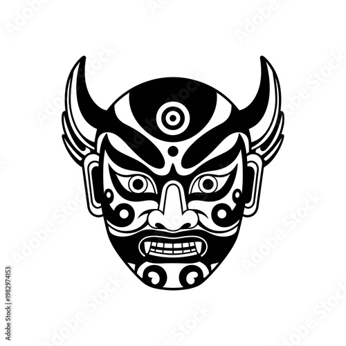Fotografie A traditional Japanese Noh theater mask with a fierce expression on a white back