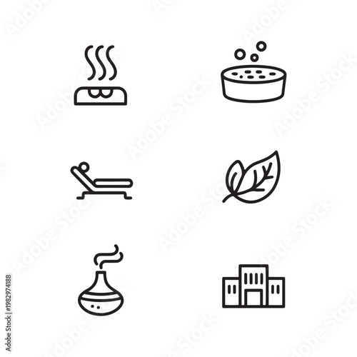 Minimalist spa line icons set, wellness and sauna vector symbols, relaxation and beauty therapy elements, 6 black outline icons for health and self-care