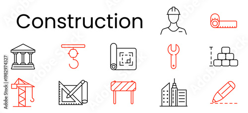 Construction set icon. Helmet, ruler, crane, hook, blueprint, wrench, bricks, barrier, building, pencil, architecture, engineering, industry, contractor, development