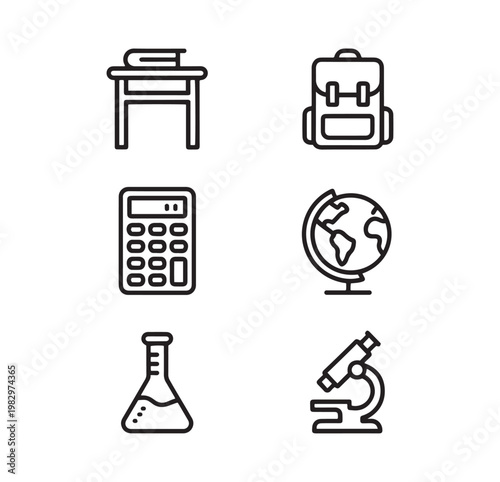 Minimalist school education icon set, black line vector symbols of backpack and globe, academic study and science laboratory equipment collection