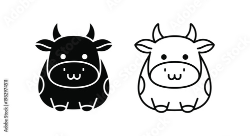 Kawaii cow vector icons in black and white, cute cartoon dairy cattle character set, minimalist farm animal illustrations for logo and sticker design
