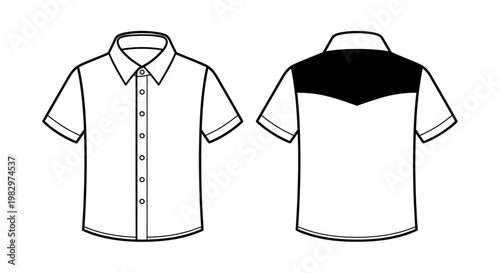 White short sleeve button-up shirt with black yoked back, front and back view