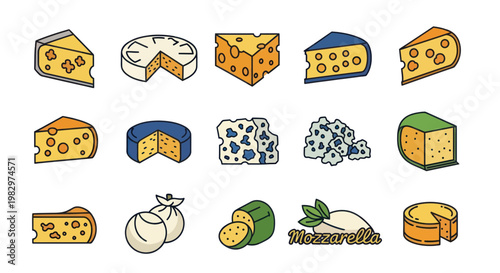 Assorted Cheese Collection Flat Icons