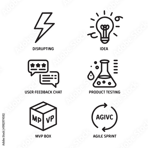 Agile startup business icons set, 6 black line vector elements for product development, MVP box and agile sprint symbols on white background