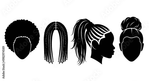 Diverse Black Hairstyles Silhouette Collection: Afro, Braids, Ponytail, Bun
