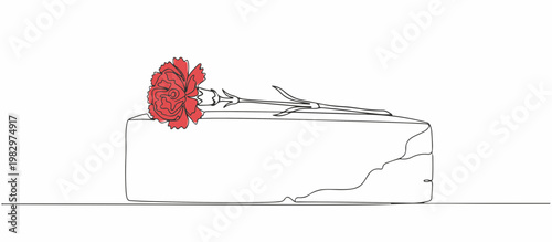 Red carnation on stone monument. Continuous line art illustration for Victory Day. Minimalist memorial vector