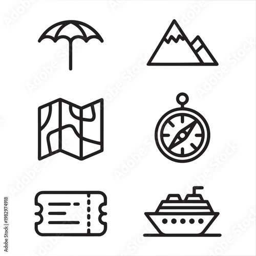 Minimalist travel icon set in thin line style, collection of 6 vacation vector symbols, black outline tourism graphics for web and mobile apps