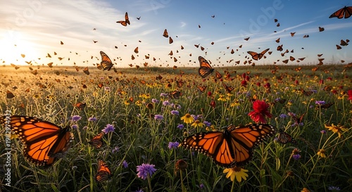 Monarch butterflies migrating across open meadow