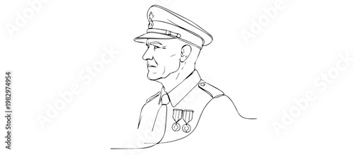 Military officer profile in uniform. Line art illustration of a veteran with medals. Patriotic vector graphic