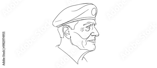 Profile of an older man in a military beret. Line art illustration of a veteran. Patriotic vector portrait