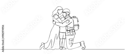 Soldier hugging his family. Line art illustration of a military reunion. Victory Day and peace concept