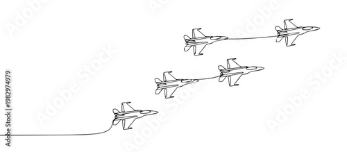 Fighter jets flying in formation. Continuous line art illustration of military aircraft. Air show and victory day concept