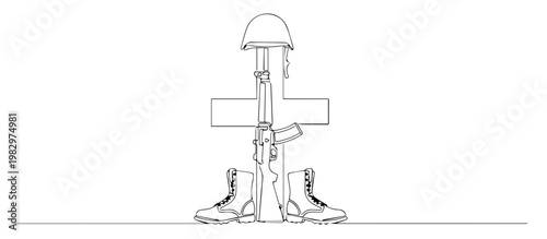 Battlefield cross with rifle helmet and boots. Continuous line art illustration of fallen soldier memorial. Victory day symbol