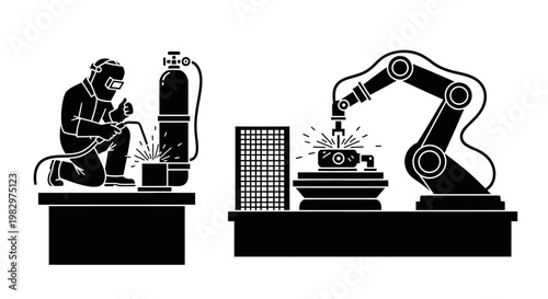 Industrial worker and robotic arm welding.