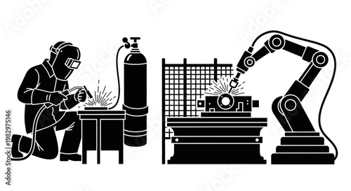 Industrial worker and robotic arm welding.