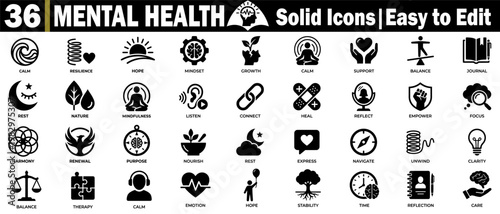 Mental Health Icons. Professional solid icons for mental health and wellness featuring thirty six bold symbols for purpose navigation, resilience and emotional intelligence art. vector illustration.