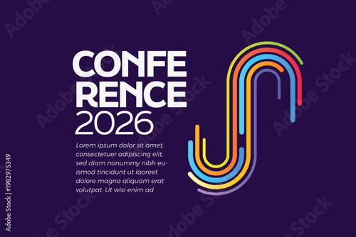 Abstract 2026 conference poster with colorful rainbow s-curve lines