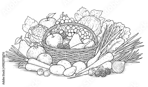 Tableau sur toile Farm Produce Fruits and Vegetables Vintage Etching Woodcut Style Illustration