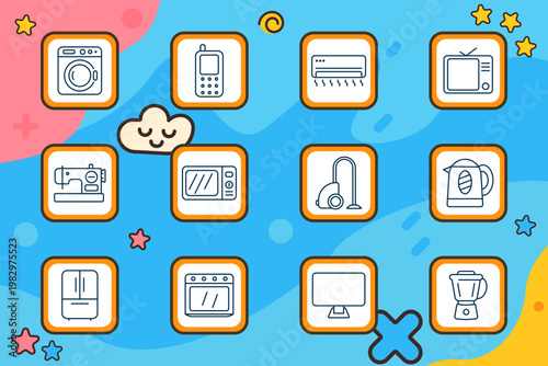 Home appliance set icon. Washing machine, mobile phone, air conditioner, television, sewing machine, microwave oven, vacuum cleaner, electric kettle, refrigerator, oven, monitor, blender