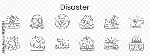 Disaster set icon. Outline emergency scenes, broken power tower, gas mask, biohazard sign, flooded house, sinking ship, helicopter rescue, wildfire, earthquake cracks, burning home, ambulance siren