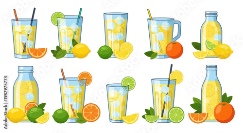 Refreshing Citrus Drinks with Ice, Fruit Slices, and Straws - Vector Illustration
