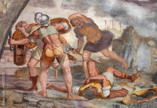 Fotografia BERGAMO, ITALY - MARCH 21, 2026: The fresco of roman guardians at the Resurrection in the church Michele al Pozzo Bianco by Lucano da Imola detto Gaggio (1550)