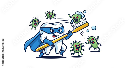 Superhero Tooth Fighting Germs with Toothbrush - Dental Hygiene Concept