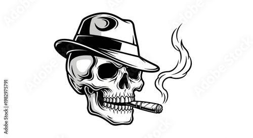 Skull Wearing Fedora Hat Smoking Cigar