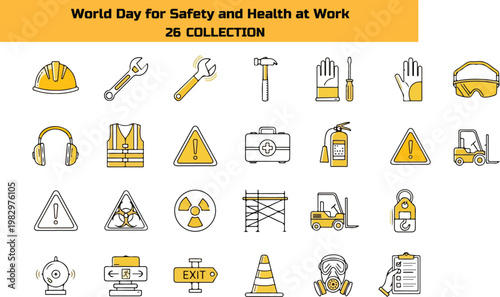 World Day for Safety and Health at Work icons collection, workplace safety symbols