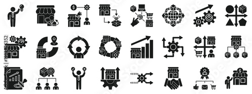 Business management icon set. Solid icon including strategy, corporate, marketing, growth, operations, process, workflow, analytics, planning, leadership, innovation, startup, finance, efficiency