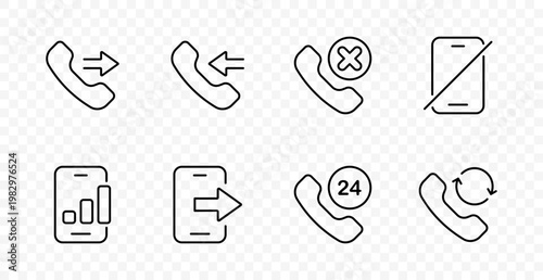 Call service set icon. Incoming call, outgoing line, blocked contact, phone disabled, statistics report, exit action, support hotline, callback service