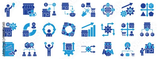 Business management icon set. Duotone icon including strategy, corporate, marketing, growth, operations, process, workflow, analytics, planning, leadership, innovation, startup, finance, efficiency