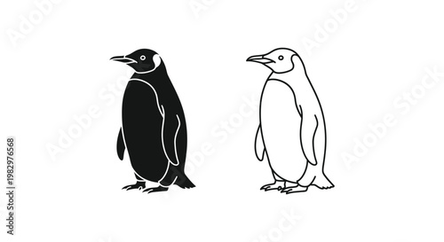 Minimalist penguin vector icons, black silhouette and line art penguin illustrations, set of 2 arctic bird graphics for logo design and branding