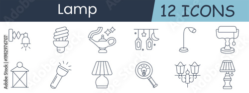 Lamp set icon. Wall sconce, spiral bulb, magic, hanging lantern, desk, classic table, outdoor lantern, flashlight, bedside, magnifier light, street lamp, interior lighting.