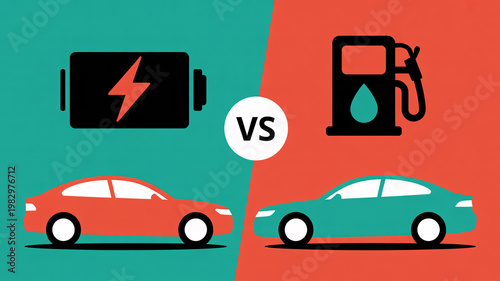A comparison of electric and gasoline powered cars with battery and fuel pump icons