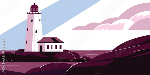 Minimalist Pastel Lighthouse Illustration on Rocky Coastal Landscape with Soft Blue Water and Geometric Design
