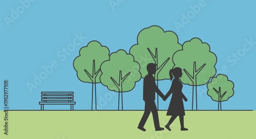 Couple walking hand in hand in a park.