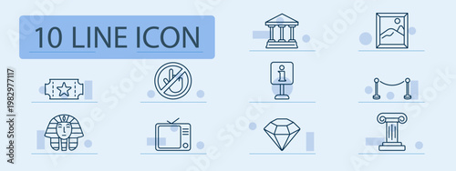 Museum set icon. Ticket, no photo sign, information stand, rope barrier, sphinx mask, audio guide, diamond exhibit, antique column, gallery, culture, history collection.