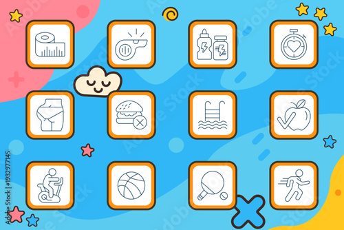 Fitness lifestyle set icon. Measuring tape roll, whistle, energy bottles, stopwatch heart, underwear, burger cross, pool ladder, apple check, cycling bike, basketball, ping pong, runner.