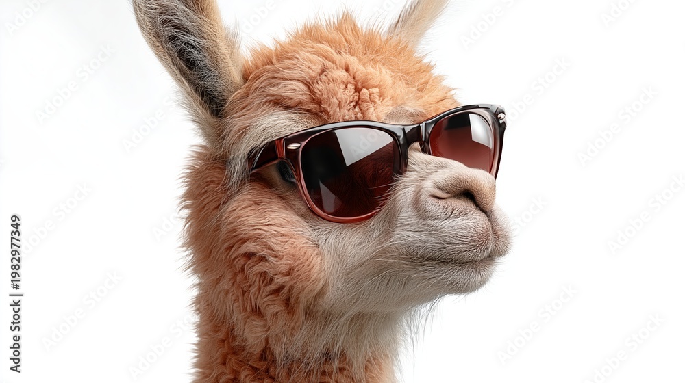Fototapeta premium Llama wearing stylish sunglasses poses against a plain white background, showcasing its unique features and playful expression in a close-up portrait