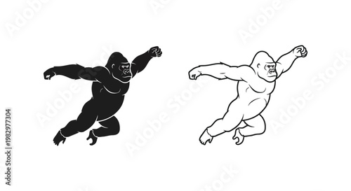 Powerful gorilla mascot vector set, black and white jumping ape illustrations, muscular silverback primate icons for sports branding and gym logos