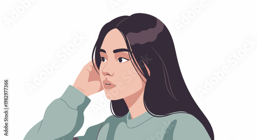 Young Woman with Long Dark Hair Looking Away Thoughtful.