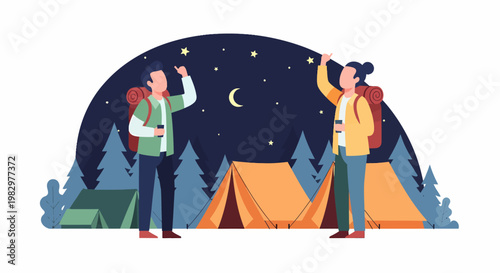 Two people stargazing at night in a campsite with tents and trees.