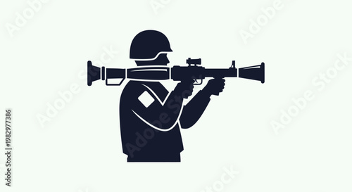 Silhouette of a soldier aiming a rocket launcher weapon.