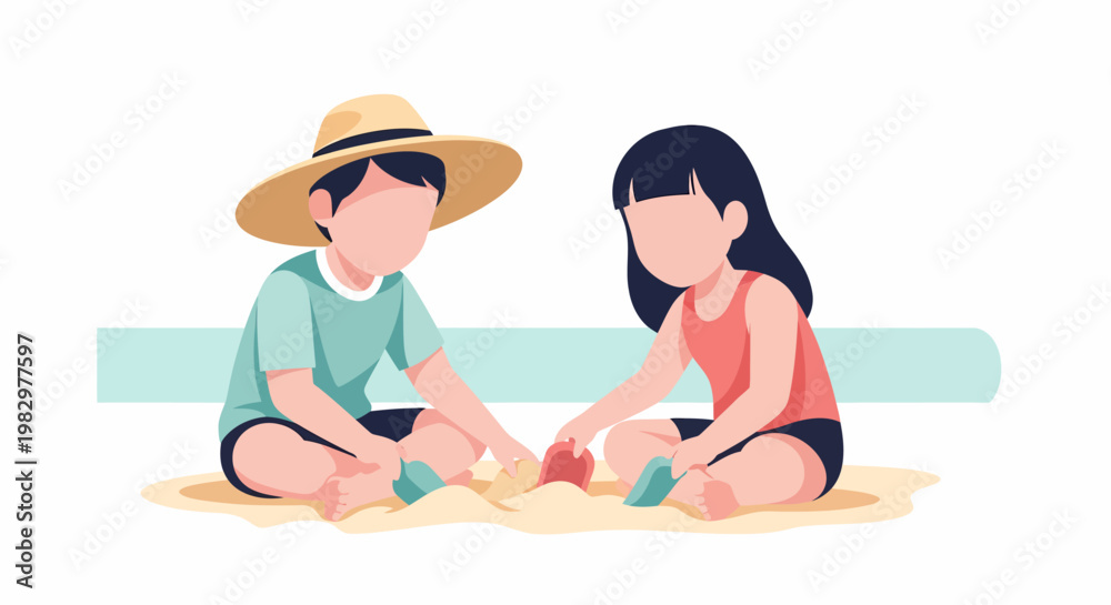 Obraz premium Two young children playing together in the sand at the beach.