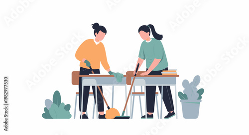 Two women cleaning a desk and sweeping the floor together.