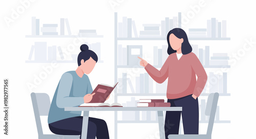 Two women studying together in a library with bookshelves in the background.